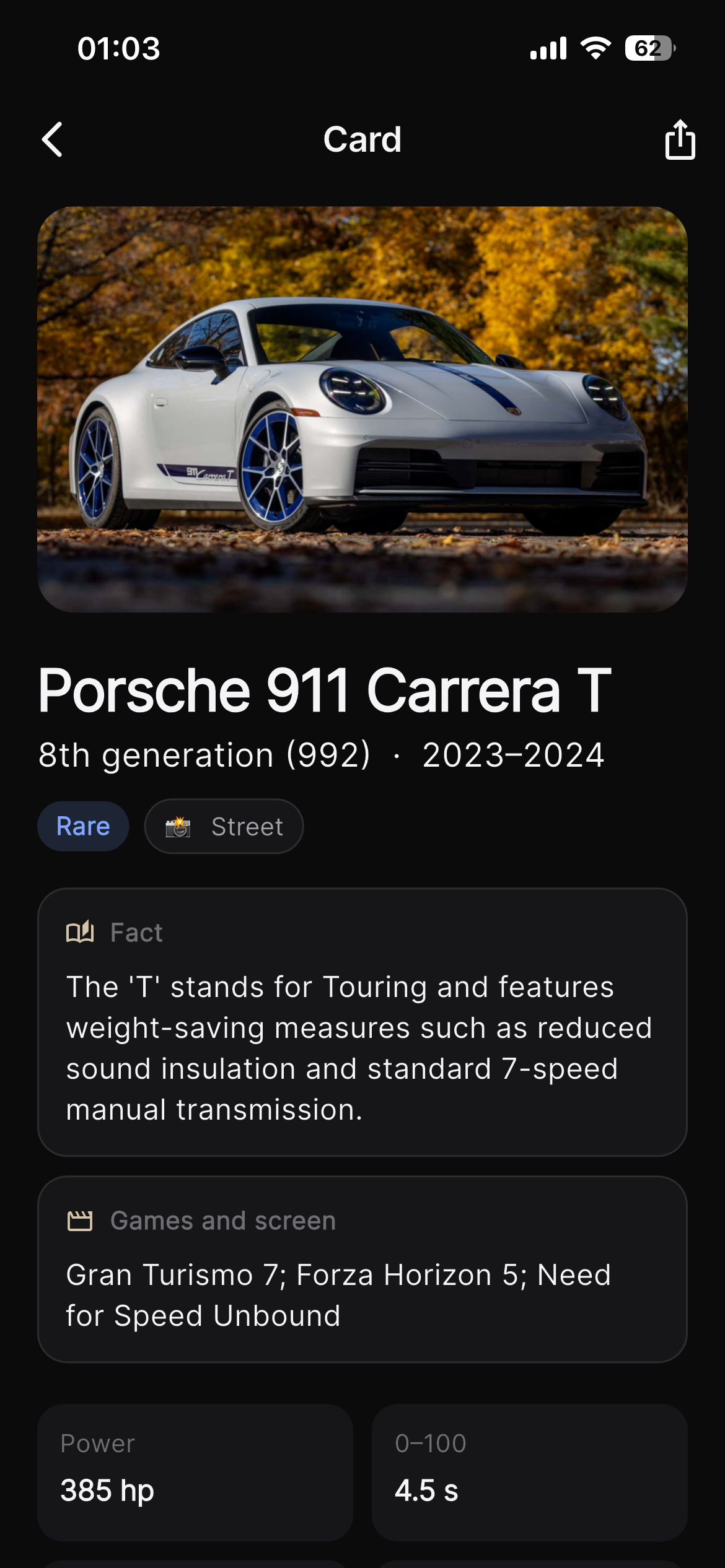 A Marque card for a Porsche 911 Carrera T