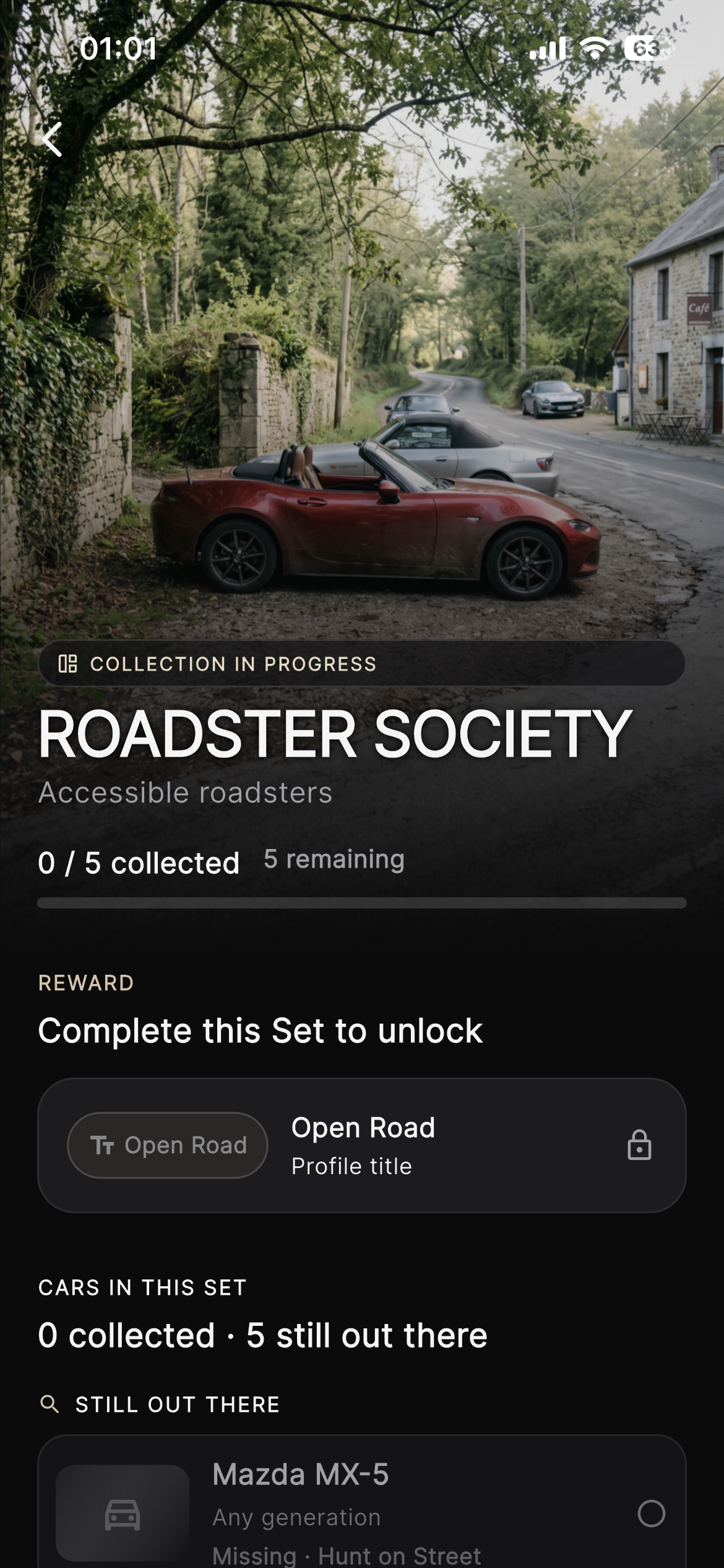 Marque Roadster Society Set detail with collection progress and reward