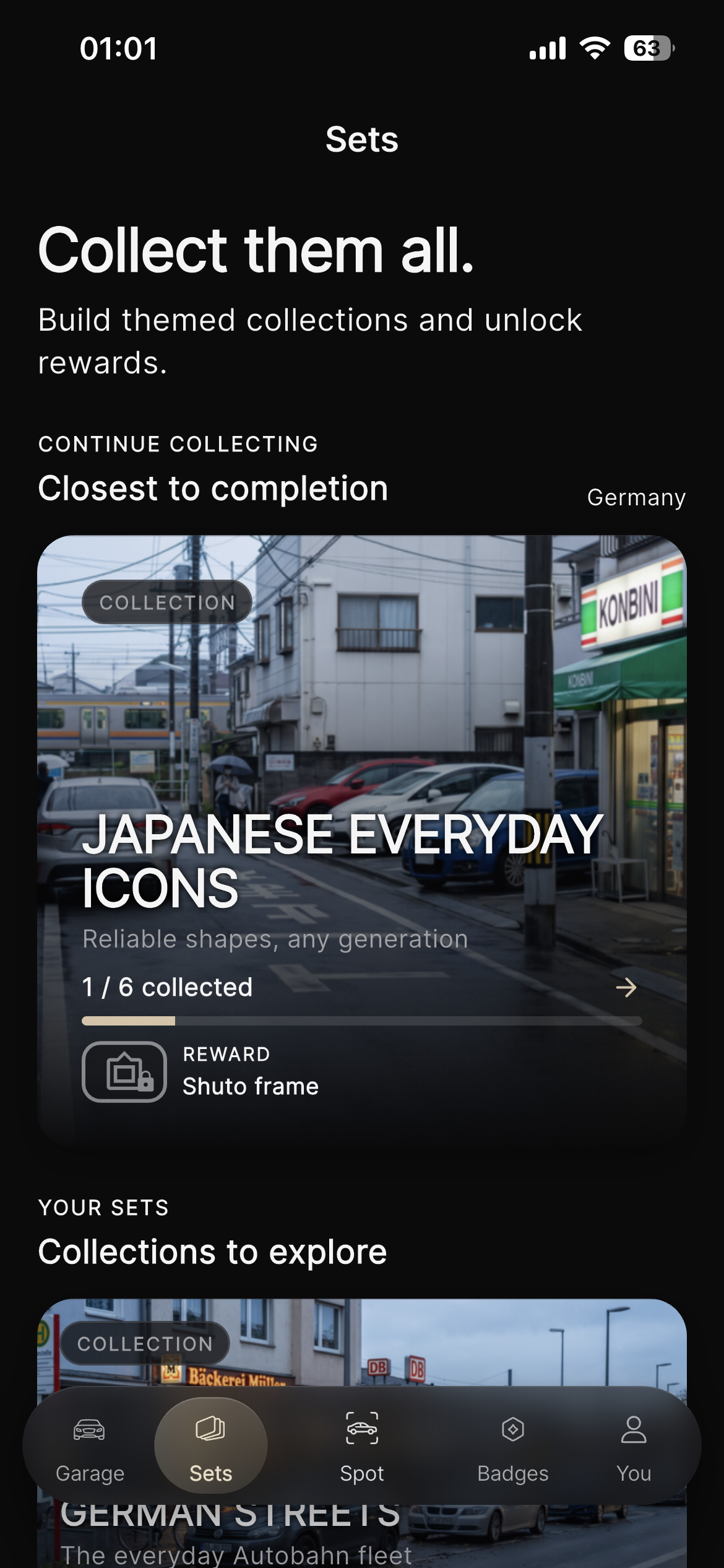 Marque Sets overview with themed collections and progress