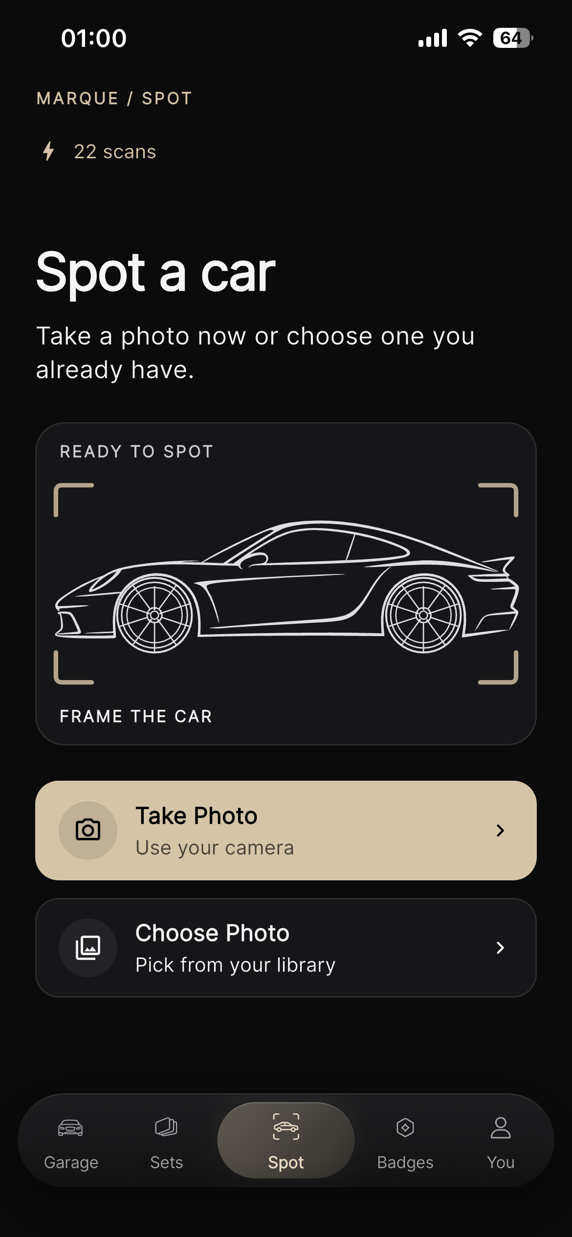 Marque Spot screen with Take Photo and Choose Photo actions